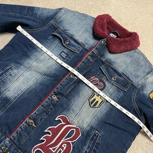 Born Fly Y2K Red Sherpa Lined Acid Washed Faded Denim Jacket XL - Picture 6 of 7